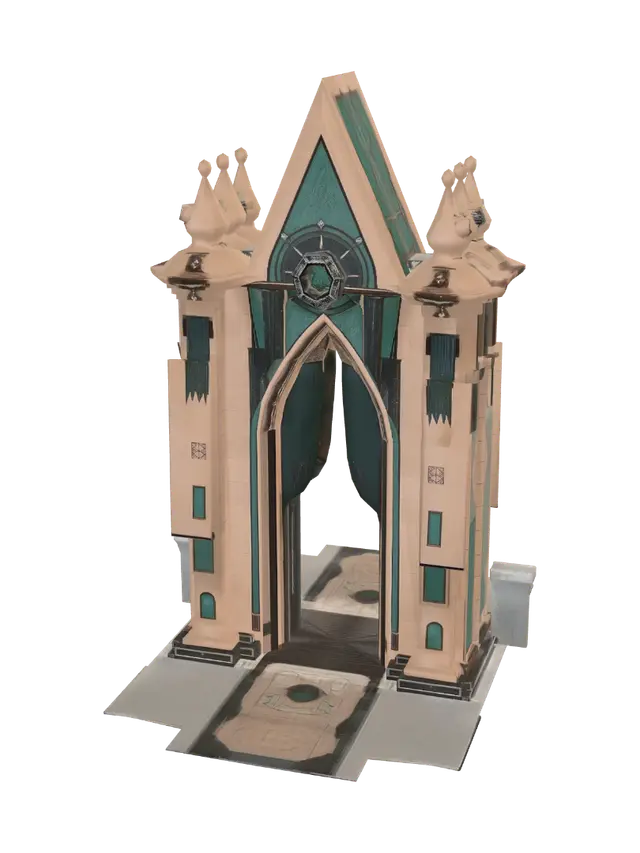 3D model for Original monumental fantasy gateway for an ancient river civilization. A tall pointed arch built from warm carved limestone, with deep jade-green inset panels and restrained aged-bronze trim. Two elegant side pylons, a split ceremonial crown, and a central circular emblem depicting an eight-point dawn star above two flowing river lines. Long dark-green ceremonial banners. Noble, ancient and solemn atmosphere; clean prestigious silhouette, large readable forms, medium detail, localized weathering and matte materials. Complete freestanding 360-degree structure with real depth, open passage, finished back and sides, game-ready PBR materials, clean topology and UVs. Isolated and centered, neutral background. No people, scenery, text, excessive ornament, gothic spikes, steampunk elements