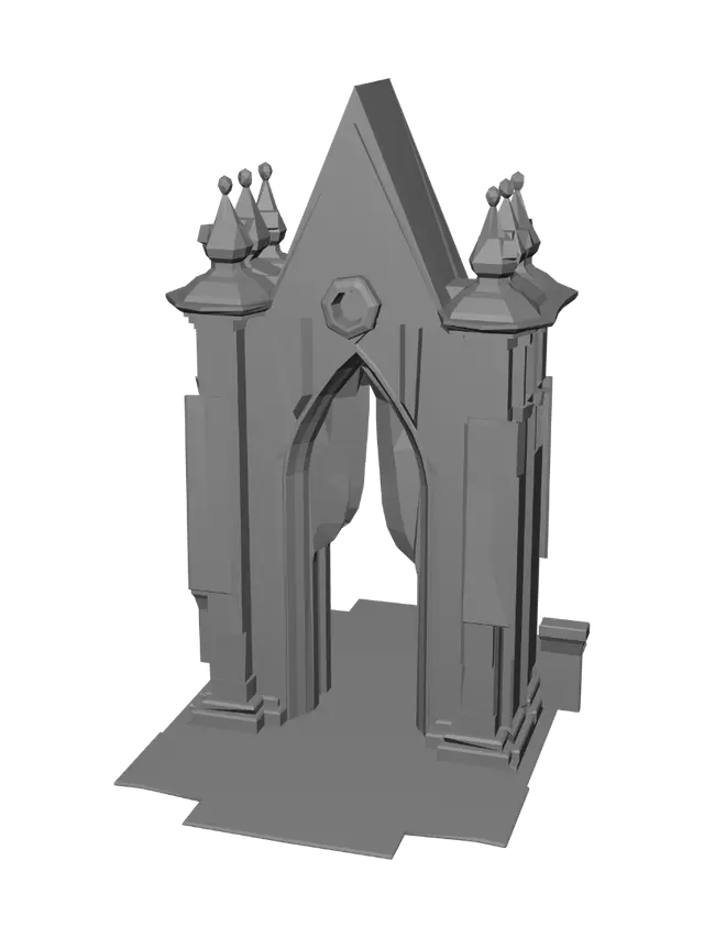 3D model for Original monumental fantasy gateway for an ancient river civilization. A tall pointed arch built from warm carved limestone, with deep jade-green inset panels and restrained aged-bronze trim. Two elegant side pylons, a split ceremonial crown, and a central circular emblem depicting an eight-point dawn star above two flowing river lines. Long dark-green ceremonial banners. Noble, ancient and solemn atmosphere; clean prestigious silhouette, large readable forms, medium detail, localized weathering and matte materials. Complete freestanding 360-degree structure with real depth, open passage, finished back and sides, game-ready PBR materials, clean topology and UVs. Isolated and centered, neutral background. No people, scenery, text, excessive ornament, gothic spikes, steampunk elements