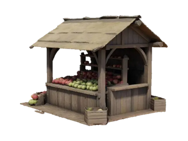 medieval market stall with apples - Shop 3D model, vytvořený pomocí AI