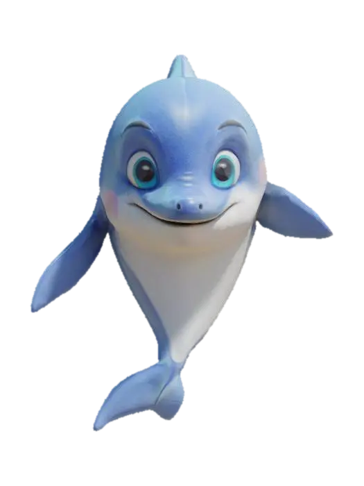 3D model for a cartoon dolphin, pixar style, 3d render