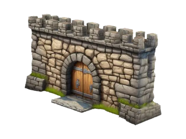 Cartoon Old Stone gate Wall Barack Building with wooden fortification fantasy - 2d 3D model, vytvořený pomocí AI