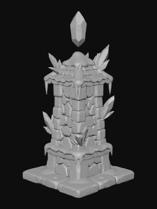 3D model for Create a stylized frost tower for a fantasy tower-defense game, matching the same chunky, stylized, hand-painted visual style as the fire tower. Use a tall vertical structure of pale granite and cold stone with visible cracks glowing from inside with icy cyan and light-blue magic. Add sharp crystalline accents, frost-covered edges, and snow buildup on horizontal surfaces. The core energy source should be a floating ice crystal or frozen core above the tower, emitting cold aura and shimmering frost particles. Lighting should be high-contrast with soft, cool illumination and subtle blue glow reflecting on surrounding stone. Use exaggerated silhouette, readable shapes, and no photorealism—pure stylized fantasy rendering on a dark neutral background, centered view.