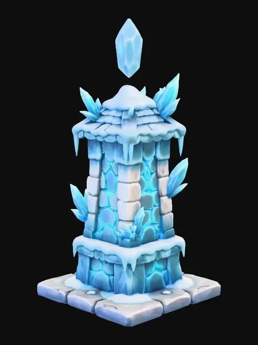 3D model for Create a stylized frost tower for a fantasy tower-defense game, matching the same chunky, stylized, hand-painted visual style as the fire tower. Use a tall vertical structure of pale granite and cold stone with visible cracks glowing from inside with icy cyan and light-blue magic. Add sharp crystalline accents, frost-covered edges, and snow buildup on horizontal surfaces. The core energy source should be a floating ice crystal or frozen core above the tower, emitting cold aura and shimmering frost particles. Lighting should be high-contrast with soft, cool illumination and subtle blue glow reflecting on surrounding stone. Use exaggerated silhouette, readable shapes, and no photorealism—pure stylized fantasy rendering on a dark neutral background, centered view.