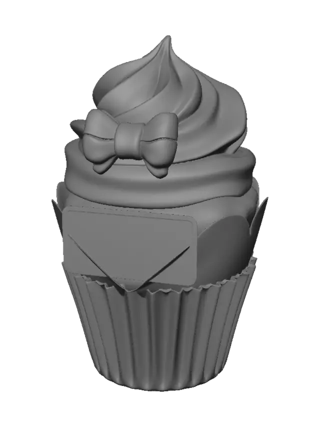 3D model for Quiero que ne hagas un cupcake de glaseado con color rosa y la envoltura en negro que en el glaseado tenga un moñito/lazo (bow en ingles) y que tenga en el lado contrario de donde tiene el moño/lazo coloca un espacio recrangular del tamaño de una hoja de afeitar aproximadamente
