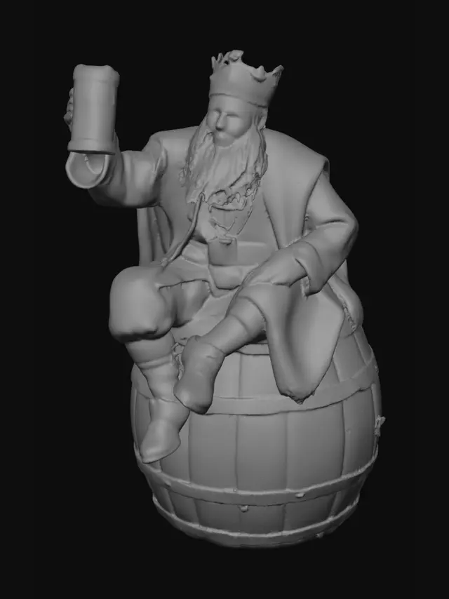 3D model for A laughing King Gambrinus sitting on a keg while holding high a tankard of ale