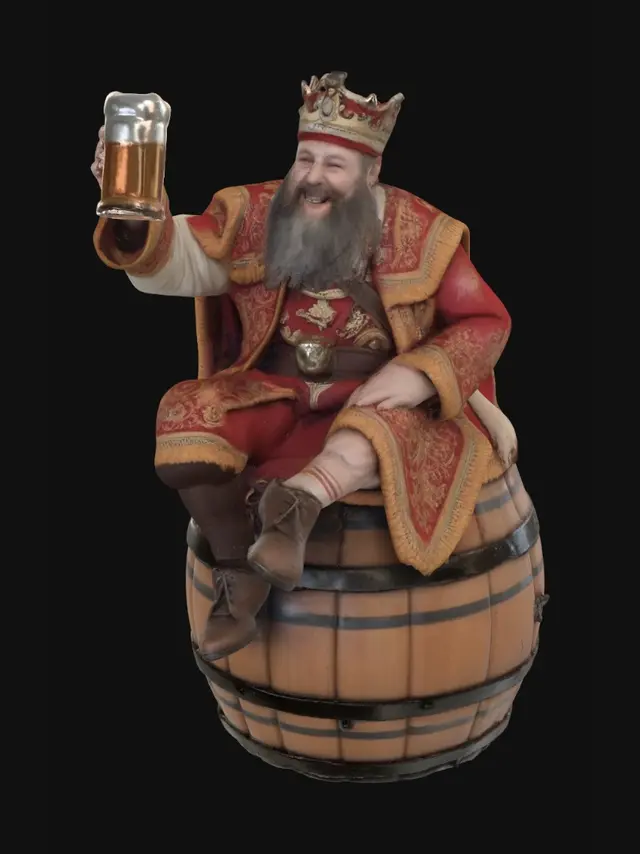 3D model for A laughing King Gambrinus sitting on a keg while holding high a tankard of ale