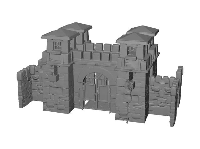3D model for Low poly colonial prison wall inspired by Kala Pani jail, dark stone wall, watch towers, rusty iron gate, tropical island prison, optimized for mobile games, Unity 3D, stylized realistic look, clean topology, game asset, dark atmosphere