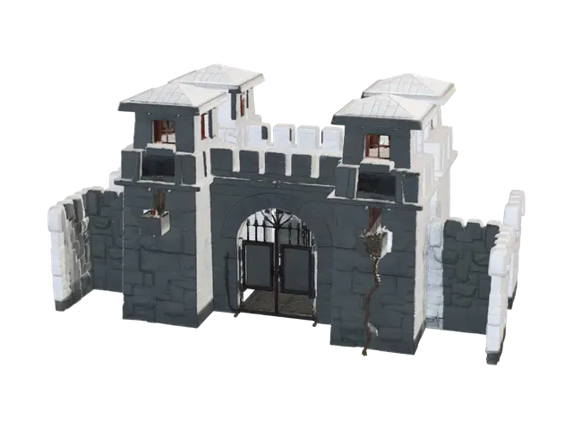 3D model for Low poly colonial prison wall inspired by Kala Pani jail, dark stone wall, watch towers, rusty iron gate, tropical island prison, optimized for mobile games, Unity 3D, stylized realistic look, clean topology, game asset, dark atmosphere