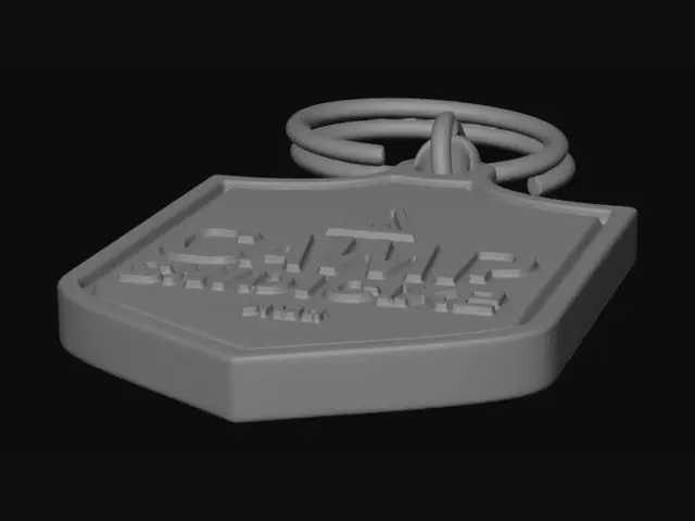 3D model for 一款堅固的Camp Syndicate品牌徽章鑰匙扣，呈盾牌形狀，啞光黑色表面。，周圍環繞著鋒利的爪痕迷彩切割，底部邊緣融入了微小的山峰碎片細節。頂部設有堅固的集成鑰匙環孔。整體結構厚實，邊緣圓潤，適合FDM 3D列印，展現出耐用且高級的戰術裝備質感。