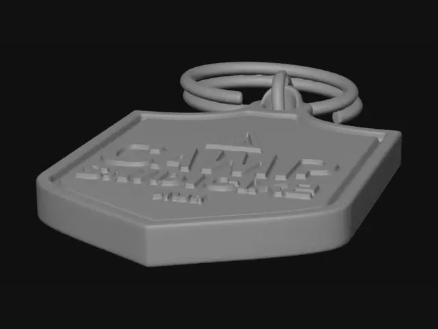 3D model for 一款堅固的Camp Syndicate品牌徽章鑰匙扣，呈盾牌形狀，啞光黑色表面。，周圍環繞著鋒利的爪痕迷彩切割，底部邊緣融入了微小的山峰碎片細節。頂部設有堅固的集成鑰匙環孔。整體結構厚實，邊緣圓潤，適合FDM 3D列印，展現出耐用且高級的戰術裝備質感。