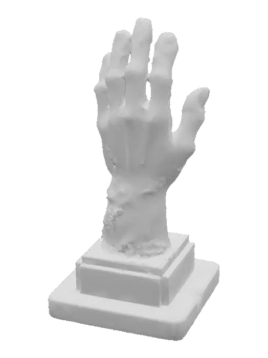 3D model for generate me a Giant statue of a hand reaching out on a pedestal. Intricate details, realistic, imposing, worn, overgrown, moss in the cracks of the statue
