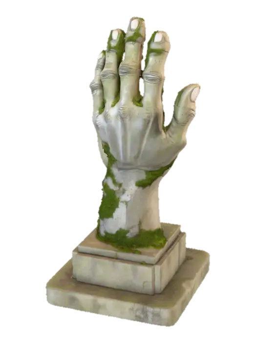3D model for generate me a Giant statue of a hand reaching out on a pedestal. Intricate details, realistic, imposing, worn, overgrown, moss in the cracks of the statue
