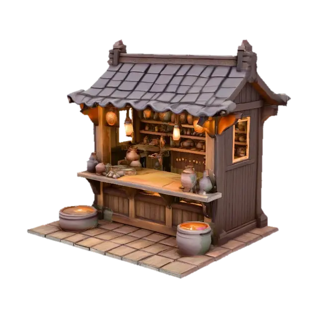 Generate me a majestic shop stall with dark fantasy tone - Merchant 3D model, vytvořený pomocí AI