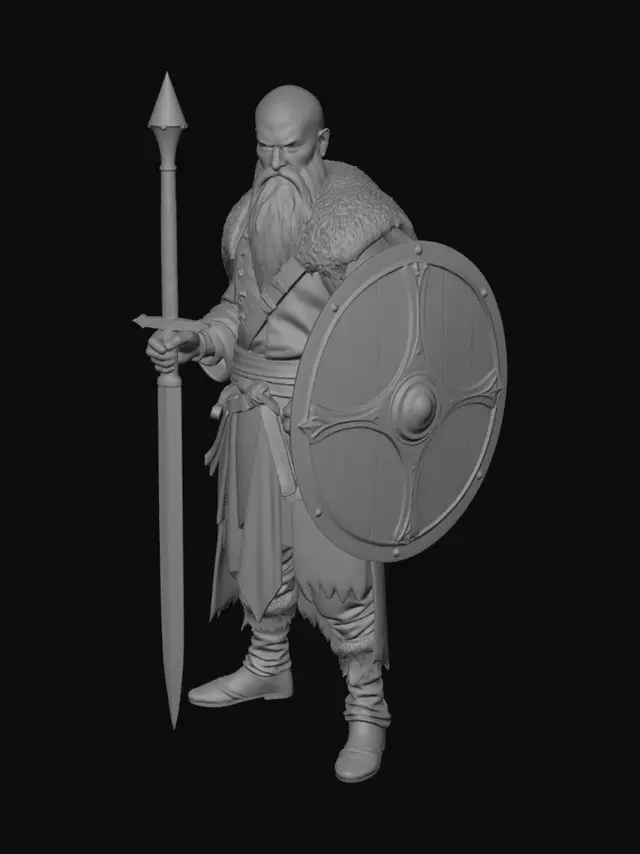 3D model for realistischer, Ganzkörper, männlich, Wikinger, mit Kinbart, Glatze, Wikingerkleidung, Schwert und Schild