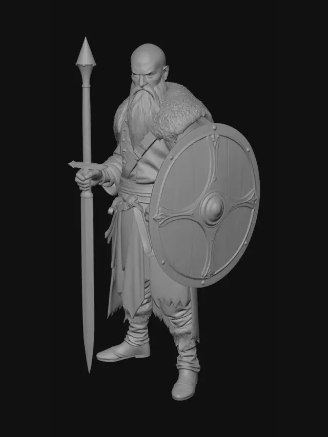 3D model for realistischer, Ganzkörper, männlich, Wikinger, mit Kinbart, Glatze, Wikingerkleidung, Schwert und Schild