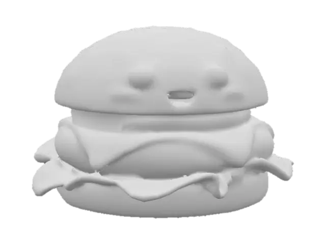 3D model for #food#, A whimsical hamburger, featuring a golden-brown, lightly toasted sesame seed bun that appears soft and pillowy. Inside, a juicy, char-grilled beef patty is topped with vibrant green lettuce, a bright red tomato slice, and a melted slice of yellow cheddar cheese. Two large, cartoonish eyes, with glossy white sclera and dark black pupils, are playfully integrated onto the front bun, giving the hamburger a curious and friendly expression, adding a touch of animated charm.