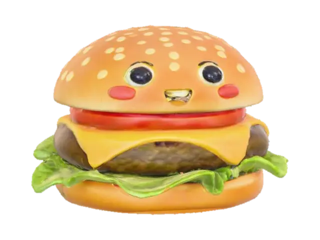 3D model for #food#, A whimsical hamburger, featuring a golden-brown, lightly toasted sesame seed bun that appears soft and pillowy. Inside, a juicy, char-grilled beef patty is topped with vibrant green lettuce, a bright red tomato slice, and a melted slice of yellow cheddar cheese. Two large, cartoonish eyes, with glossy white sclera and dark black pupils, are playfully integrated onto the front bun, giving the hamburger a curious and friendly expression, adding a touch of animated charm.