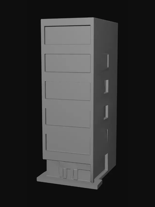 3D model for Create one narrow modular office building facade for a stylized city business simulator game. 6 floors tall, modern glass and concrete facade, ground floor office entrance, repeated blue-tinted windows, rectangular clean shape, straight walls, flat back side, simple side walls, game-ready modular asset, optimized geometry, no background, no street, no cars, no people, no text, no logos.