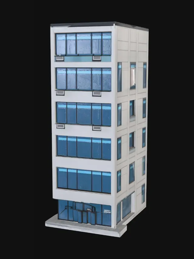 3D model for Create one narrow modular office building facade for a stylized city business simulator game. 6 floors tall, modern glass and concrete facade, ground floor office entrance, repeated blue-tinted windows, rectangular clean shape, straight walls, flat back side, simple side walls, game-ready modular asset, optimized geometry, no background, no street, no cars, no people, no text, no logos.