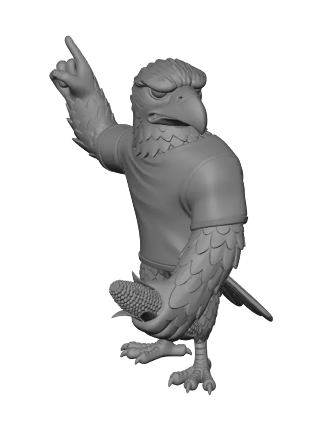 3D model for Using the Iowa Hawkeye mascot from Iowas college football team. Create the mascot posing in a standing position. One hand by his side holding a cob of corn, the other hand held high with the index finger extended as to say we are number one! He should be wearing a jersey in the colors black and yellow with the words "Iowa proud" on the back. His face should appear adversarial.