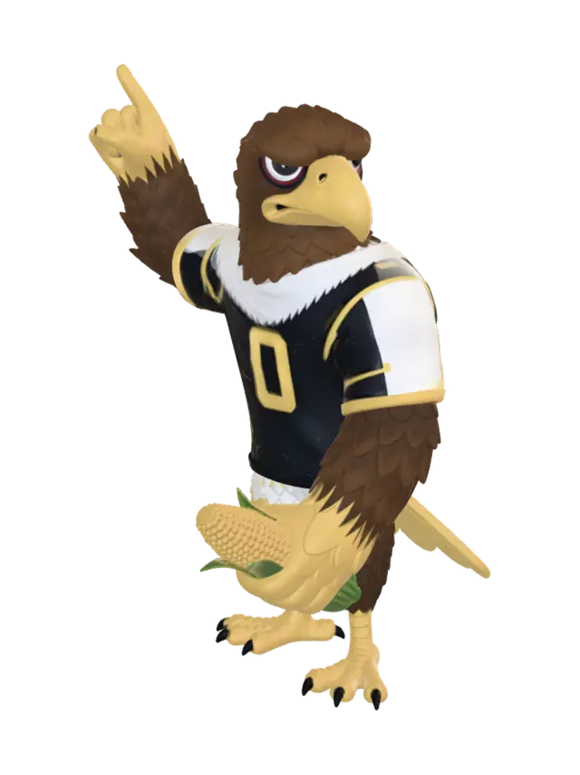 3D model for Using the Iowa Hawkeye mascot from Iowas college football team. Create the mascot posing in a standing position. One hand by his side holding a cob of corn, the other hand held high with the index finger extended as to say we are number one! He should be wearing a jersey in the colors black and yellow with the words "Iowa proud" on the back. His face should appear adversarial.