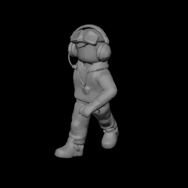 3D model for stylized Roblox arena coach NPC, friendly futuristic guide, gold and blue outfit, headset, trophy badge, low-poly game-ready character, bright readable shapes, no weapons