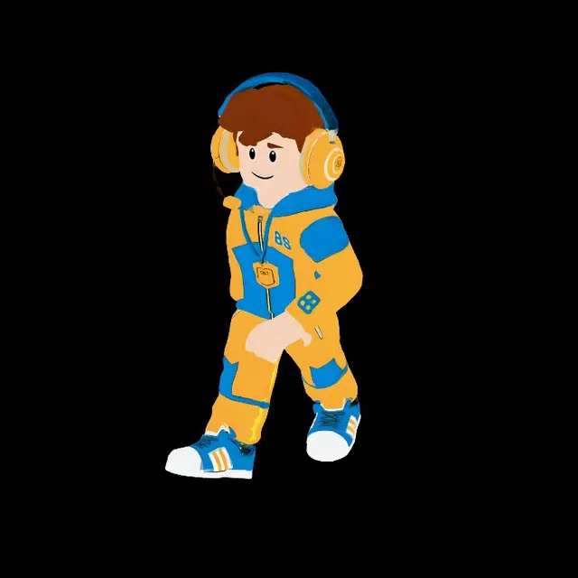 3D model for stylized Roblox arena coach NPC, friendly futuristic guide, gold and blue outfit, headset, trophy badge, low-poly game-ready character, bright readable shapes, no weapons