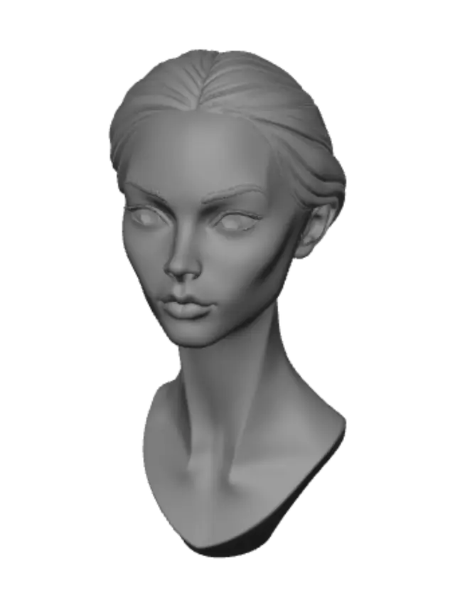 3D model for Female Head Feminine, high cheek Bones. No Main Hair. No Shoulders. Use a stereotype of white, scandinavian Princess as reference.