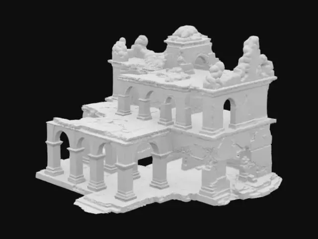 3D model for A crumbling sandstone temple with tight corridors, elevated platforms, and a rooftop for snipers. Offers cover but exposes players to multi-angle attacks.