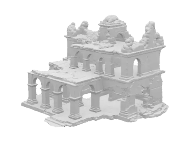 3D model for A crumbling sandstone temple with tight corridors, elevated platforms, and a rooftop for snipers. Offers cover but exposes players to multi-angle attacks.