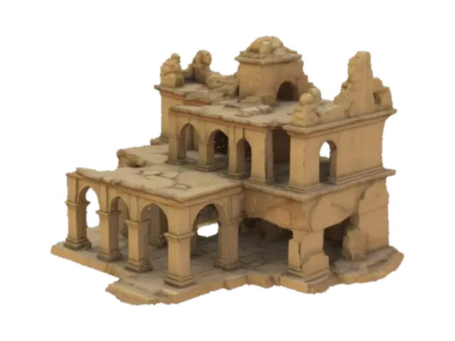 3D model for A crumbling sandstone temple with tight corridors, elevated platforms, and a rooftop for snipers. Offers cover but exposes players to multi-angle attacks.