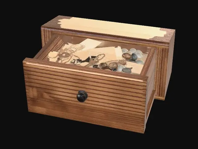 3D model for A high-fidelity, photorealistic 3D prop of a vintage oak desk drawer, generated in a fully open state. The interior is filled with a dense, tactile clutter of mundane objects: a tangled bundle of yellowed letters tied with frayed twine, several oxidized brass skeleton keys with visible wear and patina, a scattered collection of antique buttons (mother-of-pearl and wood), and a few dusty, smooth river stones. The oak wood has a deep, heavy grain with a matte finish. Focus on extreme material detail: the metal must have realistic oxidation, the twine must look fibrous, and the paper should have a delicate, aged texture. Optimized for Unity HDRP with PBR texture maps (Albedo, Normal, Roughness, Metallic, Ambient Occlusion). 8k resolution textures.