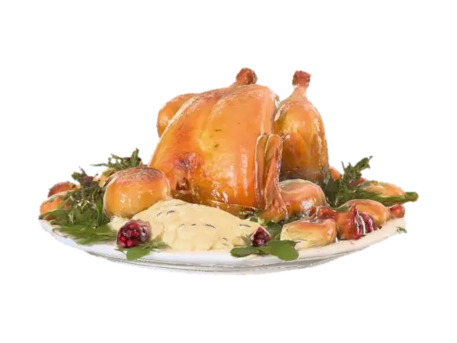 A beautifully plated Thanksgiving feast centerpiece: a golden-brown roasted turkey… 3D model, vytvořený pomocí AI