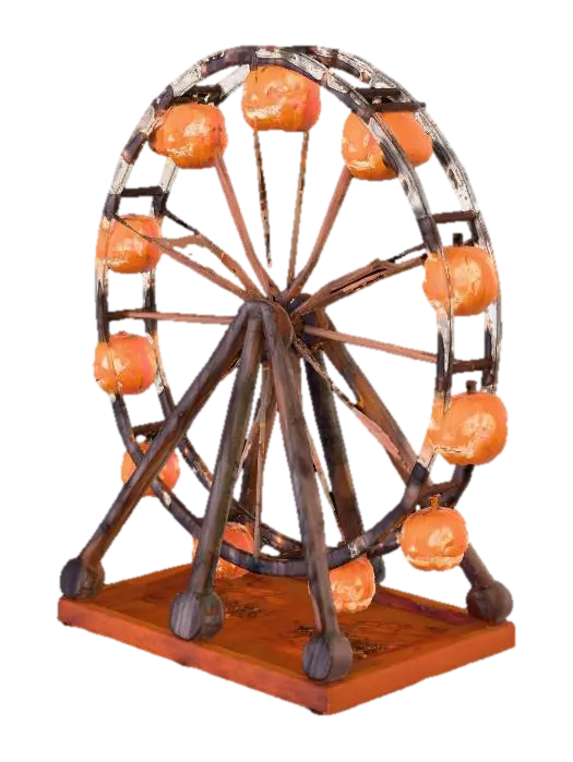 Haunted Ferris wheel constructed from giant carved jack-o'-lanterns, wooden spokes… - Pumpkins 3D model, vytvořený pomocí AI