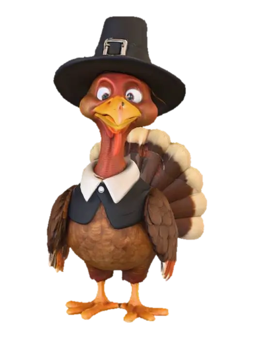 A friendly turkey character standing upright and wearing classic Pilgrim attire: a… 3D model, vytvořený pomocí AI