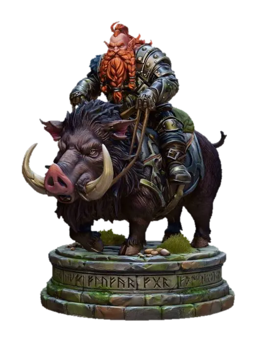 Dwarven War Boar Rider 3D model, vytvořený pomocí AI