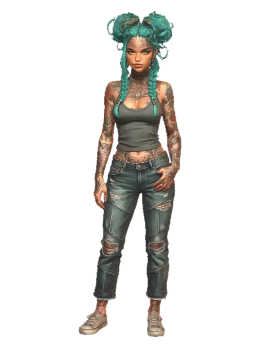 Turquoise Tresses and Tattoos 3D model, vytvořený pomocí AI