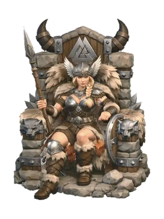 Valkyrie on the Stone Throne - Feminine 3D model, vytvořený pomocí AI