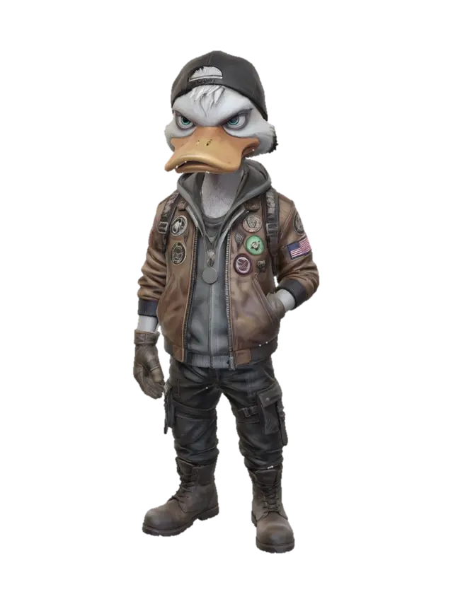 Patchwork Biker Duck 3D model, vytvořený pomocí AI