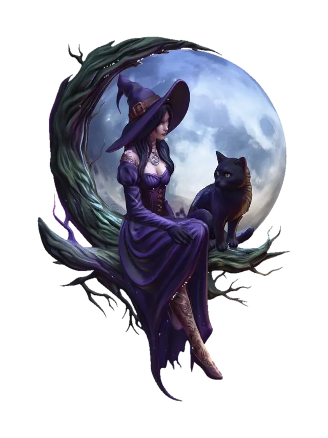 Moonlit Witch and the Midnight Cat - Moonlight 3D model, vytvořený pomocí AI