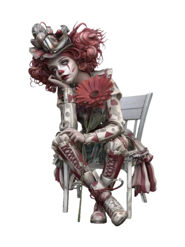 Crimson Clown with a Gerbera Daisy 3D model, vytvořený pomocí AI