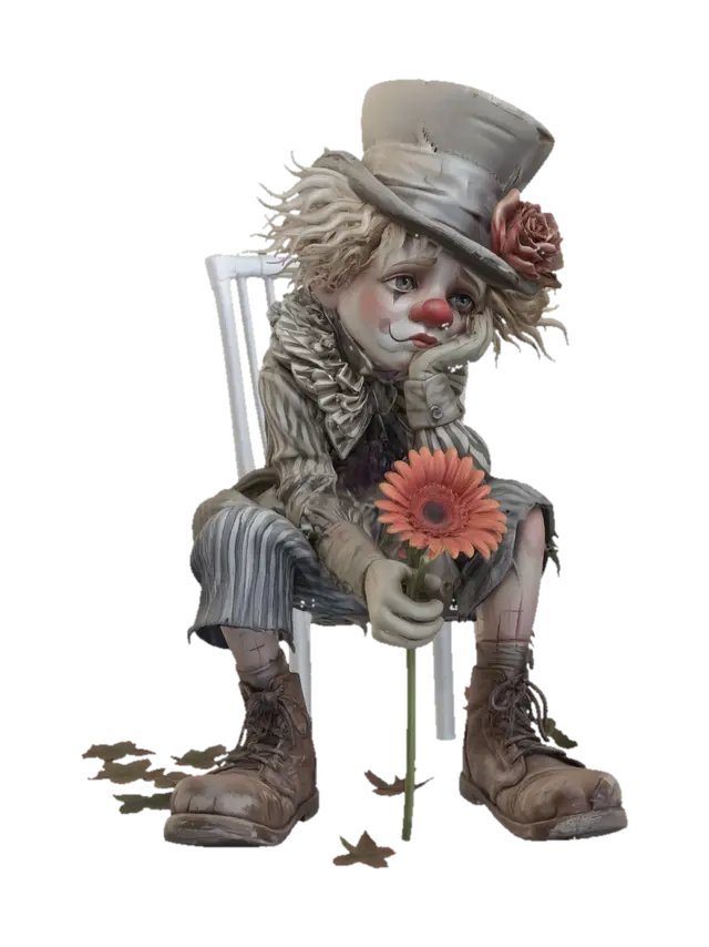 Melancholy Clown with a Rose - Theatre 3D model, vytvořený pomocí AI