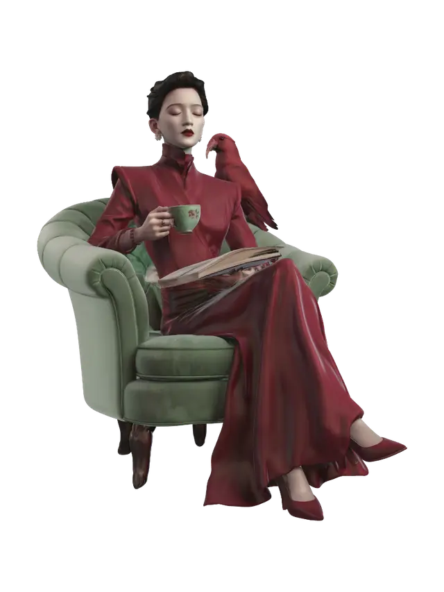 Crimson Reverie with a Parrot 3D model, vytvořený pomocí AI