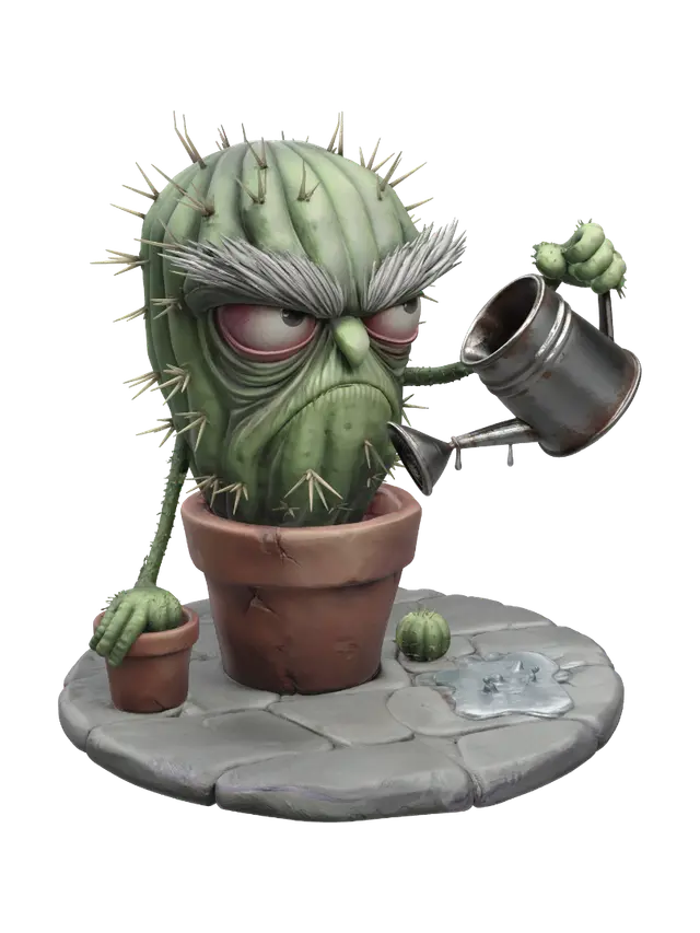 Grumpy Cactus and the Watering Can 3D model, vytvořený pomocí AI