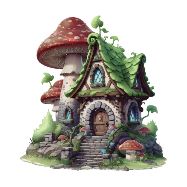 Fantasy mushroom house - Storybook 3D model, vytvořený pomocí AI