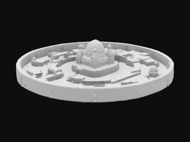 3D model for восточный город, окружён стенами. Сверху представляет собой ровный круг. В центре возвышение с главной крепостью или дворцом. Реализм, средневековье, реалистичные пропорции 