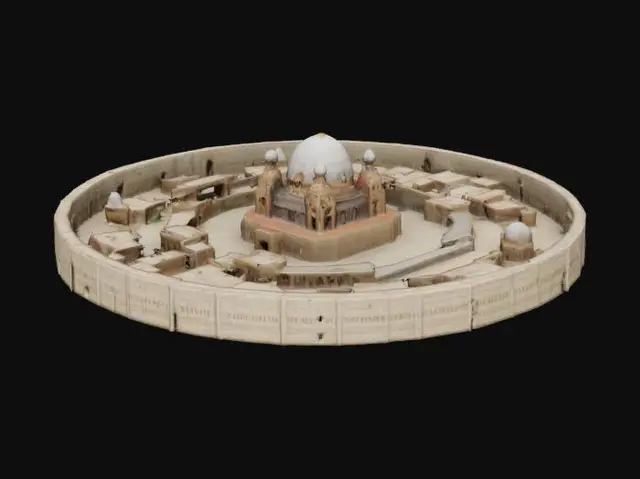 3D model for восточный город, окружён стенами. Сверху представляет собой ровный круг. В центре возвышение с главной крепостью или дворцом. Реализм, средневековье, реалистичные пропорции 