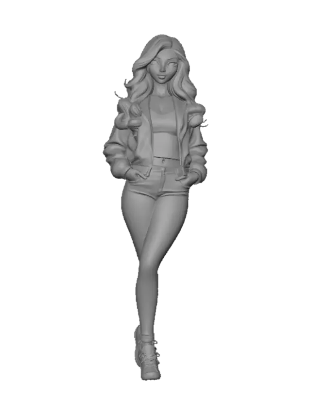 3D model for Uma mulher de 19 anos, com cabelo roxo e misturado com mexas vermelhas, seios grandes, corpo curvilíneo, coxas grandes, jaqueta verde curta, e com top preto curto, calça colada vermelha, e sapatenis azul, modelo colorido