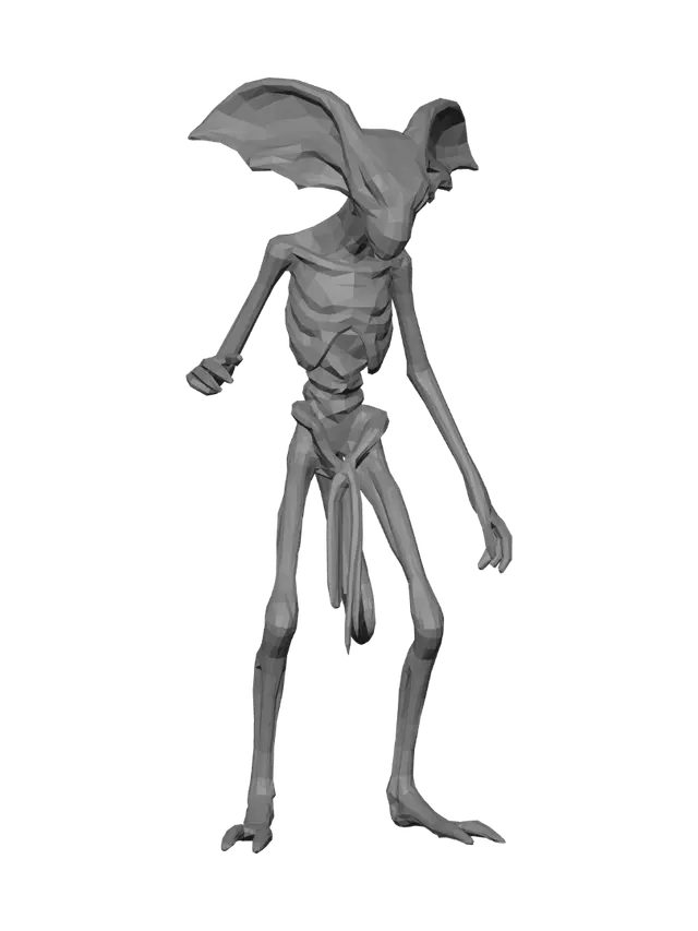 3D model for A blind, horrifying monster designed for an ancient temple horror game. The creature is a tall, emaciated humanoid with pale, leathery skin covered in ancient runes and dust. It has absolutely no eyes, nose, or upper facial features; its face is completely smooth where the eyes should be. its most prominent feature is an oversized, exposed, and grotesque ear-like auditory structure on its head, with multiple inner ear canals visible. It has an elongated jaw filled with sharp, needle-like teeth. The body is skeletal and lanky, with abnormally long arms that end in sharp claws. The creature stands in a hunting posture, head tilted as if intensely listening, inside an endless ancient stone corridor with torches casting deep shadows. High detail, 3D character asset, dark horror style