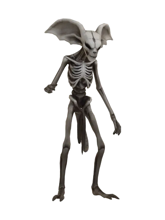 3D model for A blind, horrifying monster designed for an ancient temple horror game. The creature is a tall, emaciated humanoid with pale, leathery skin covered in ancient runes and dust. It has absolutely no eyes, nose, or upper facial features; its face is completely smooth where the eyes should be. its most prominent feature is an oversized, exposed, and grotesque ear-like auditory structure on its head, with multiple inner ear canals visible. It has an elongated jaw filled with sharp, needle-like teeth. The body is skeletal and lanky, with abnormally long arms that end in sharp claws. The creature stands in a hunting posture, head tilted as if intensely listening, inside an endless ancient stone corridor with torches casting deep shadows. High detail, 3D character asset, dark horror style
